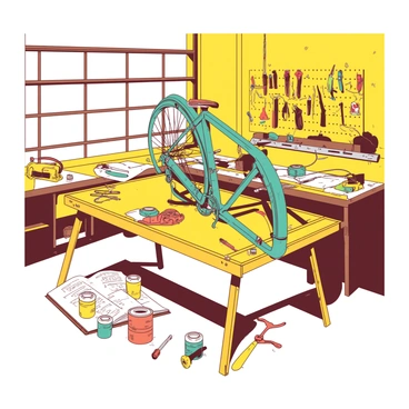 A bright yellow garage workshop is filled with various projects in differing stages of completion. On the left side, there is a partially assembled wooden table with tools scattered around it, including a measuring tape and a saw. In the center, a teal bicycle frame is suspended from a hook, with colorful wires and tools hanging nearby. On the workbench, there are several paint cans in bright colors and an open sketchbook filled with design ideas. The walls are adorned with pegboards displaying an array of tools, and a large window allows natural light to illuminate the busy scene.