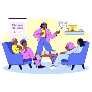 A volunteer stands at the front of a cozy room, surrounded by soft, warm lighting. They are speaking passionately, with a friendly expression. The room is furnished with comfortable chairs arranged in a semi-circle. A small table beside the volunteer holds brochures about mental health. On the walls, there are posters with positive messages, such as "You Are Not Alone." A few people in the audience are listening attentively, nodding in understanding.