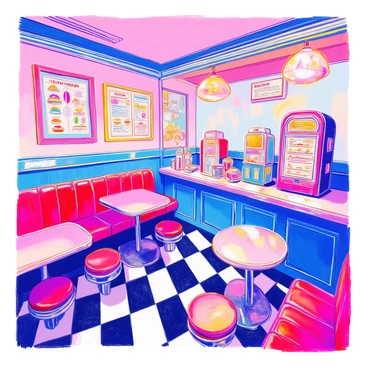 A classic diner features shiny chrome accents and checkered flooring. Red vinyl booths line the walls, while a long counter with barstools stretches across the space. Robot waiters, designed with a sleek metallic finish, glide smoothly between the booths, carrying trays of food. The walls are adorned with neon lights in vibrant colors, casting a warm glow throughout the diner. Classic diner menus, framed in nostalgic designs, hang above the counter, showcasing various meal options. A jukebox stands in the corner, its colorful lights pulsing in rhythm.
