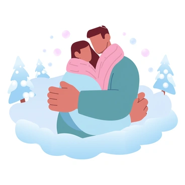 A man and a woman are hugging tightly, both wrapped in a single warm scarf that envelops them. The scarf has a cozy texture and a rich color, providing a sense of warmth. Snowflakes are gently falling around them, creating a soft white blanket on the ground. The scene is set in a winter landscape, with a few snow-covered trees in the background, adding to the chilly atmosphere. The couple's clothing is suitable for the cold weather, with sweaters that are visible under the scarf.