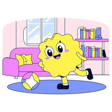 A cute cartoon sponge pet playing with a ball in a cozy living room.