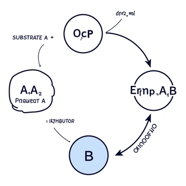 A diagram illustrating feedback inhibition in metabolic pathways. At the center, depict an enzyme represented as a simple shape, such as a circle, labeled "Enzyme." Connected to the enzyme is a metabolic pathway represented by arrows showing the flow from "Substrate A" to "Product B." Show a "Product B" circle that loops back to the "Enzyme." Include a thin line labeled "Inhibitor" directing from "Product B" to the "Enzyme," indicating that when "Product B" is abundant, it inhibits the enzyme's activity. Use a clear, minimalistic design with distinct labels for each component.