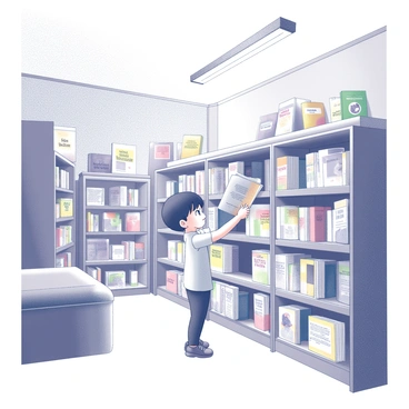 A child is standing in a children's section of a library, surrounded by shelves filled with various books. The child is reaching for a book on a low shelf, showing curiosity and excitement. The books are arranged in vibrant displays, showcasing different sizes and covers. There are plush seating areas nearby, inviting for reading. The child has a look of wonder, gazing at the titles and illustrations. The overhead lights create a warm atmosphere, enhancing the sense of exploration in this lively space.