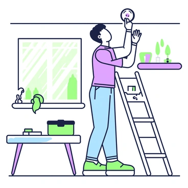 A homeowner is standing on a ladder, checking the battery of a smoke detector mounted on the ceiling. The person is wearing a blue t-shirt and jeans, displaying a focused expression. The smoke detector is round and white, with a small red light indicating its status. Sunlight streams through a nearby window, illuminating the room and casting shadows on the floor. In the background, there are light-colored walls and a few indoor plants on a shelf. A table with a toolbox and a few household items is placed to the side.
