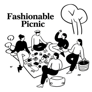 A park setting with a neatly laid picnic blanket featuring a spread of various foods, such as fruits, sandwiches, and beverages. Several models are seated around the blanket, each dressed in chic, casual wear, showcasing different styles. Some models are holding drinks, while others are engaged in conversation. A stylish picnic basket is situated nearby, and a few trees are visible in the background. A light breeze creates movement in the fabric of the clothing and the picnic blanket. Words "Fashionable Picnic" are displayed prominently in the image.