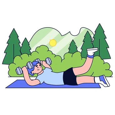 A person performing a dumbbell chest press in a forest clearing. The individual is wearing a light blue athletic shirt and black shorts. They are lying on a flat exercise mat with a green forest backdrop. The sun is shining through the trees, casting dappled shadows on the ground. The person is holding two silver dumbbells, pushing them upwards with a focused expression. Surrounding them are lush green bushes and tall trees, enhancing the natural setting.
