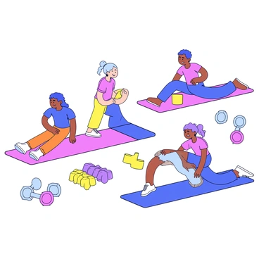 A fitness instructor demonstrating various heel tap modifications on a soft exercise mat. The instructor is positioned in the center, showcasing three distinct variations. On the left, a beginner modification involves a gentle heel tap while seated on the mat, with a supportive posture. In the center, an intermediate modification features the instructor standing and tapping one heel to the ground while keeping the opposite knee slightly bent. On the right, an advanced modification displays a dynamic heel tap where the instructor rapidly alternates heels while in a squat position. The surrounding area includes colorful exercise equipment like weights and resistance bands.