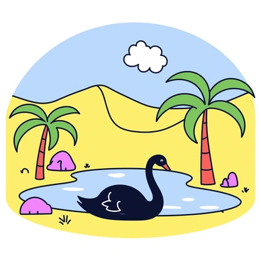 A black swan resting by an unexpected oasis in the middle of a vast desert