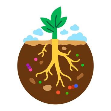 A vibrant illustration depicting a cross-section of rich brown soil with diverse plant roots extending into it. Tiny nutrient particles, represented as colorful, glowing orbs, are shown moving from the soil into the roots. Each root is illustrated with fine hairs, actively absorbing the nutrients. The soil is dotted with small pebbles and microorganisms, creating a lively underground ecosystem. Above ground, a green plant with broad leaves reaches toward a bright blue sky, symbolizing growth and vitality.