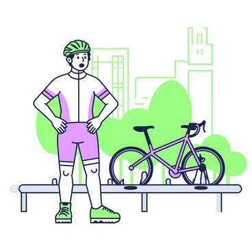A cyclist stands next to an empty bike rack, looking surprised and dismayed. The cyclist is wearing a bright helmet and a fitted cycling jersey with matching shorts. Their bike, which was previously parked, is no longer visible. The bike rack is made of metal and has space for several bikes. In the background, there are trees and a building, adding context to the location. The cyclist’s hands are placed on their hips, and their facial expression shows concern as they take in the situation.
