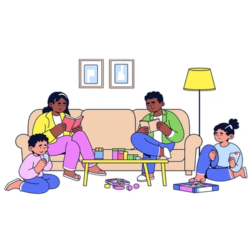 A family sitting together in a cozy living room. The scene includes two parents and two children, all engaged in various activities. One parent is reading a thick book while sitting on a soft beige sofa. The other parent is using a tablet, glancing at the screen. One child is playing a board game on the floor, with colorful game pieces spread out. The other child is focused on a smartphone, holding it in one hand. A coffee table in front of the sofa holds an open book, a small stack of magazines, and a couple of colorful board game boxes. The walls are decorated with family photos and a warm lamp provides soft lighting in the room.