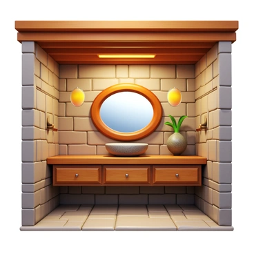 A rustic bathroom featuring exposed wooden beams across the ceiling. The walls are adorned with natural stone, complementing the overall earthy aesthetic. In the center of the room, there is a stone wash basin with a textured surface. The wooden accents include a vanity made from reclaimed wood, adding to the warmth of the space. A large mirror above the wash basin reflects the rustic elements in the room. Soft, ambient lighting enhances the cozy atmosphere.