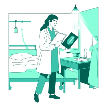 A teal doctor wearing a white lab coat is standing in a hospital room, focused on reviewing medical charts. The doctor is holding a clipboard in one hand and examining an x-ray with the other. The walls of the room are white, and there is a hospital bed with white sheets in the background. A small teal desk is placed beside the bed, adorned with medical books and a stethoscope. A bright light hangs from the ceiling, illuminating the room.