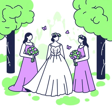 A bride in a flowing gown stands in a forest glade surrounded by her bridesmaids. The bride's gown features intricate details, and her hair is styled elegantly with a floral headpiece. The bridesmaids are dressed in matching dresses, holding bouquets of flowers. Sunlight filters through the trees, casting dappled shadows on the ground. In the background, tall trees with lush green foliage create a natural frame around the group. A few butterflies flutter nearby, adding to the enchanting atmosphere of the scene.