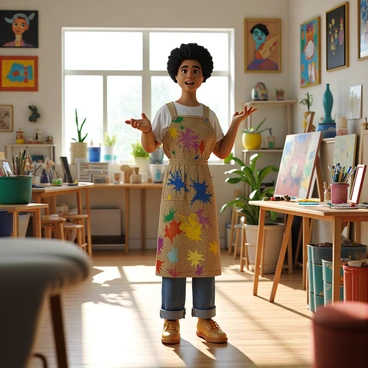 An artist with short curly hair, wearing a paint-splattered apron, stands in the center of a vibrant studio. The studio is filled with an array of colorful artworks hanging on the walls, featuring bold abstract paintings and intricate sculptures. There are shelves filled with paint supplies, brushes, and canvases in various stages of completion. Natural light streams through large windows, illuminating the space and adding warmth to the atmosphere. The artist gestures animatedly while explaining their creative process, with a palette of bright colors in one hand.