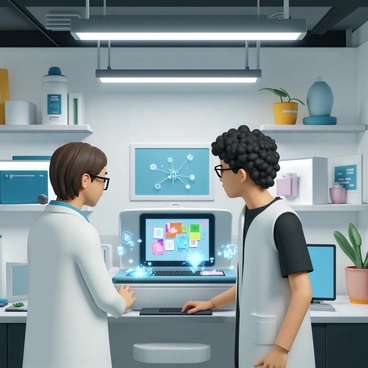 In a modern laboratory setting, two scientists are closely observing an advanced AI system at work. One scientist, a woman with short brown hair, wears a white lab coat over a blue shirt and glasses, while the other, a man with curly black hair, is dressed in a light grey lab coat and a black t-shirt. The AI is represented as a sleek, futuristic console displaying vibrant digital artworks in progress. Various colorful shapes, patterns, and images emerge on the screen, capturing the attention of the scientists. Surrounding the console are various high-tech gadgets and monitors, all illuminated by bright overhead lights, contributing to the dynamic atmosphere of innovation and creativity.