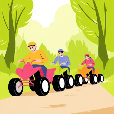 A group of four friends riding brightly colored quad bikes through a dense, green forest. The first friend is on a red quad bike, wearing a yellow helmet, with trees towering around them. The second friend, riding a blue quad bike, is laughing as they speed along a dirt path. The third friend, on a green quad bike, has a backpack and is leaning forward with excitement. The fourth friend, riding an orange quad bike, is trailing slightly behind, kicking up a spray of dirt behind them. Sunlight filters through the leaves, creating a lively atmosphere in the forest.