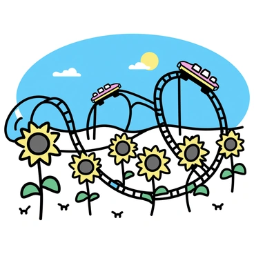 A rollercoaster with brightly colored cars winds through a field filled with giant sunflowers. The sunflowers are towering, with large yellow petals and dark centers, standing tall and swaying gently in the breeze. The rollercoaster track has multiple loops and twists, with the cars zipping along at high speed. The sky above is a clear blue, and the sun is shining, casting playful shadows from the sunflowers and the rollercoaster onto the ground below.