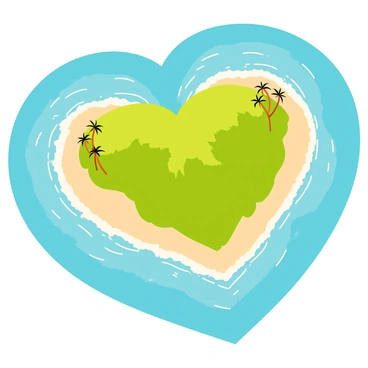 An aerial view of a heart-shaped island surrounded by a bright turquoise sea. The island features lush green foliage covering its surface, with sandy beaches outlining its heart shape. Gentle waves lap at the shoreline, creating a white frothy edge around the vibrant sand. Small clusters of palm trees dot the landscape, providing a tropical feel. The sun casts a warm light over the scene, enhancing the vivid colors of the water and the island.