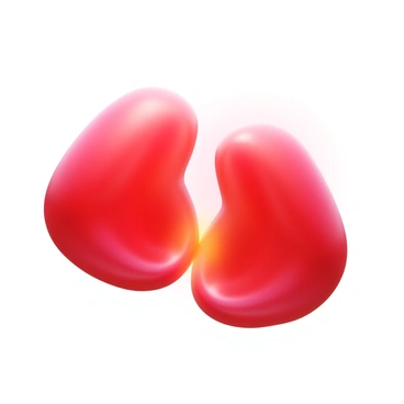Two red blood cells with a biconcave shape, merging together in a dynamic interaction. The cells are depicted in a vibrant red color, showcasing their smooth surface texture and cellular details. The background features a soft gradient, enhancing the focus on the cells while suggesting a lively environment. The merging process is emphasized by a subtle glow where the cells connect, highlighting their physiological significance.