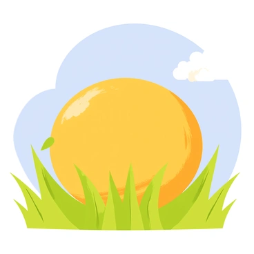 A serene scene of a melon resting on green grass under a clear blue sky.