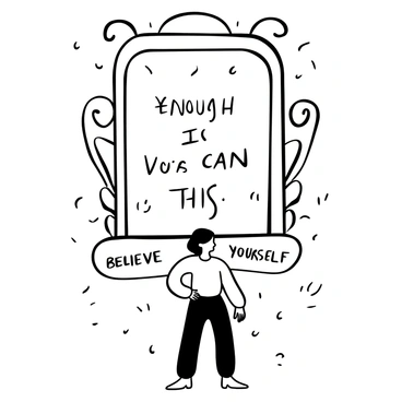 A mirror with decorative edges reflecting the words "You are enough," "You can do this," and "Believe in yourself" in an elegant font. These affirmations are positioned around the mirror, creating a surrounding aura of positivity. The mirror is centered above a person, who is standing in a confident posture, with their arms relaxed by their sides. The background features soft patterns, enhancing the focus on the mirror and the affirmations.