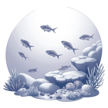A variety of marine life inhabiting the ocean waters of Madeira. Schools of fish are gracefully swimming in the clear water, showcasing different shapes and sizes. Coral formations are visible, providing shelter for smaller creatures. The sunlight filters through the water, creating patterns of light and shadow. An array of sea plants and algae sways gently, adding texture to the underwater scene. Small crustaceans can be seen moving among the rocks near the ocean floor.