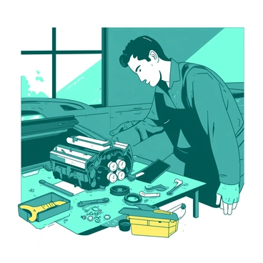 A teal mechanic is focused on repairing a car engine, positioned in an open garage space. The mechanic is wearing a dark blue jumpsuit, with grease smudges on the sleeves. The car engine is partially disassembled, with shiny metal components exposed and placed on a workbench nearby. Surrounding the mechanic are various tools, including wrenches, screwdrivers, and pliers, all arranged neatly. A yellow toolbox sits on the floor next to the workbench, and there are scattered auto parts, such as bolts and gaskets, spread across the workspace. The light from a nearby window illuminates the scene, casting soft shadows.