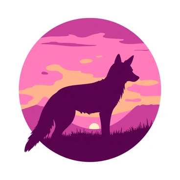 A coyote silhouette stands against a vibrant sunset sky filled with rich hues of orange and pink. The coyote is in profile, its ears perked up and tail in a slight curve, emphasizing its alert posture. The sky behind the coyote is filled with wispy clouds that catch the colors of the setting sun, transitioning from deep pink at the horizon to lighter shades higher up. The landscape below is darkened, contrasting with the vivid sky, enhancing the coyote's outline.