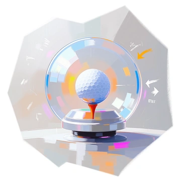 A golf ball is positioned on a pedestal inside a transparent vacuum chamber. The surface of the pedestal is smooth and made of a metallic material. The golf ball is brightly colored with its classic white surface and black dimples. Around the chamber, there are visual indicators showing the process of air being removed. Arrows and lines illustrate the air escaping from the chamber, while a gauge displays the decreasing air pressure. The interior of the vacuum chamber is clean and reflective, emphasizing the isolation of the golf ball.