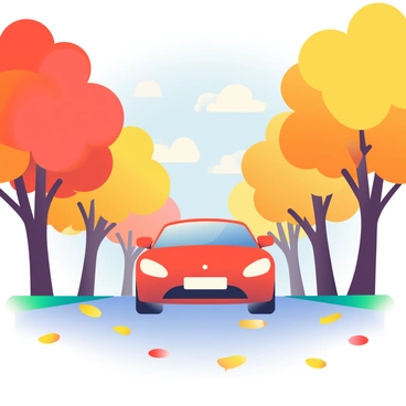 A sleek red car is driving down a tree-lined street. The trees on either side are adorned with vibrant autumn leaves in shades of orange, yellow, and red. The car is captured mid-motion, with its headlights on, illuminating the leaf-covered road. The sky is a clear blue, contrasting beautifully with the warm colors of the leaves. Scattered leaves flutter gently in the breeze, creating a picturesque scene of a tranquil autumn day.