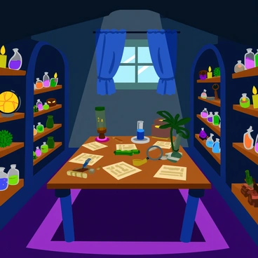 A hidden lair filled with various eerie artifacts and mysterious tools. Shelves line the walls, cluttered with strange objects including an ancient-looking globe, a collection of glass jars filled with colorful liquids, and peculiar masks with intricate designs. In the center, a large wooden table is scattered with tools such as a magnifying glass, compasses, and aged scrolls. Dim, flickering candlelight casts shadows across the room, enhancing the mysterious atmosphere. A small window, partially covered by heavy curtains, allows a faint light to filter in, illuminating dust particles in the air.