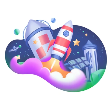 A cartoon rocket gradually inflating, surrounded by colorful clouds of smoke, as it prepares to launch from a space station. The rocket is bright red with white stripes, and its nose cone is a shiny silver. The space station has a futuristic design, with solar panels and various modules visible. In the background, a starry sky adds depth to the scene, while planets and distant celestial bodies are faintly seen. There are sparks and colorful lights around the rocket, emphasizing the excitement of the impending launch.