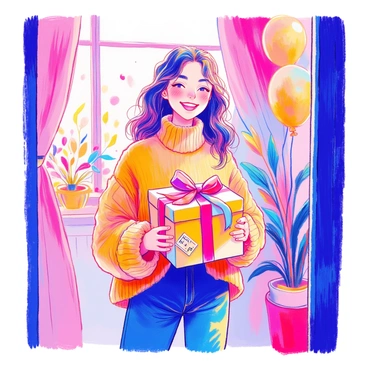 A person is standing in a warmly lit room, smiling brightly while holding a beautifully wrapped gift. The gift is adorned with a colorful ribbon and a handwritten tag. They are wearing a cozy sweater and jeans, exuding a sense of joy and anticipation. In the background, there are decorations that suggest a celebration, such as balloons and streamers. The person’s eyes are sparkling with happiness, reflecting their gratitude for the thoughtful gesture.