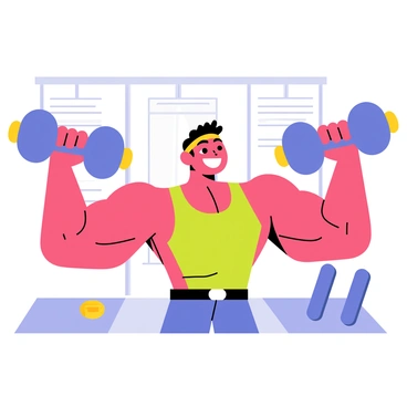 A cartoon character with a muscular build is energetically doing bicep curls. The character has a big smile, wearing a colorful tank top and headband. They are holding oversized dumbbells that are comically large compared to their arms. The background includes a gym setting with exercise mats and a few smaller weights scattered around. The character's muscles are exaggerated and vibrant, adding to the playful tone of the scene.
