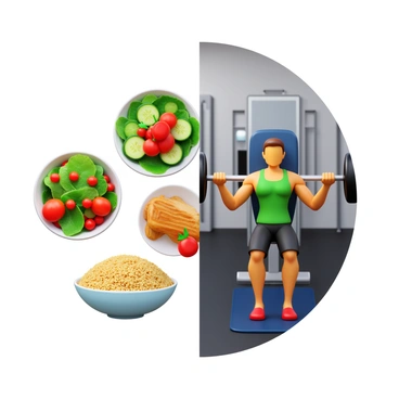 A split scene with one half featuring a variety of healthy meals. This section displays a colorful salad with mixed greens, cherry tomatoes, and sliced cucumbers, alongside a bowl of quinoa and grilled chicken. The other half of the scene shows a person performing a chest press exercise in a gym setting. The person is wearing workout attire and is focused on lifting weights on a bench press. The gym has exercise equipment and mirrors in the background.