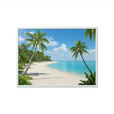A tropical beach scene featuring tall, green palm trees swaying gently. The sand is white and fine, extending along the shoreline. The water is crystal-clear, reflecting shades of blue and turquoise. The beach stretches out, bordered by the vibrant green foliage of tropical plants. The sky is a bright blue with a few fluffy white clouds scattered above. The image is set on an 18x24 board, showcasing the beauty of this idyllic location.