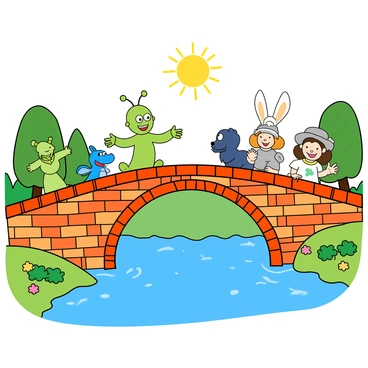 A vibrant bridge made of colorful bricks stretches across a sparkling blue river. On one side of the bridge, cartoon characters with exaggerated features, such as a tall, green alien with large eyes and a small blue dragon with tiny wings, eagerly approach the middle. On the other side, illustrated characters, including a cheerful girl with a big hat and fluffy bunny ears, wave excitedly as they lean on the railing. The landscape surrounding the bridge is filled with whimsical trees and flowers, each character showcasing distinct, playful expressions as they meet in the center of the bridge. A bright sun shines overhead, casting playful shadows across the scene.