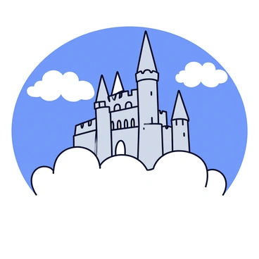 A castle with tall spires and a sturdy stone exterior sits atop a fluffy white cloud. The castle features large arched windows and a grand entrance, giving it a majestic appearance. The cloud is soft and billowy, creating a smooth base for the castle. Surrounding the cloud is a vast expanse of bright blue sky, dotted with a few fluffy white clouds drifting by. The overall scene conveys a sense of whimsical fantasy.