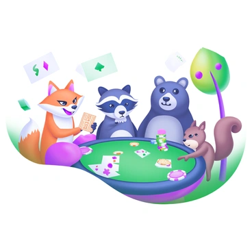 A colorful scene featuring a variety of animals gathered around a card table. There is a fox with a sly expression, a raccoon holding its cards close, a bear with a serious demeanor, and a squirrel peeking over the edge of the table. Each animal displays a unique and hilarious poker face. The table is adorned with playing cards and a stack of colorful chips. In the background, there are trees with vibrant leaves, adding to the playful atmosphere.