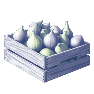 A rustic wooden crate is positioned on a textured surface. The crate is constructed from aged timber, showing visible grain and wear. It is filled with figs of various sizes and shapes. Some figs are plump and round, while others are smaller and more elongated. The figs are displayed in an assortment of sizes, creating an inviting and bountiful appearance. The surface of the figs displays distinct textures, with some having smooth skin while others are slightly wrinkled. The arrangement of the figs within the crate showcases the diversity in their forms. Natural light casts soft shadows around the crate, enhancing the textures and features of the scene.