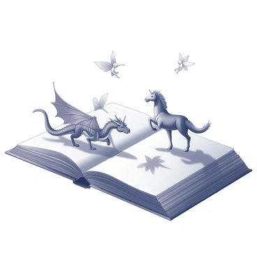 An open book rests on a wooden surface. The pages are filled with intricate illustrations of various mythical creatures. A dragon, with detailed scales and large wings, appears to be emerging from the left page. From the right page, a majestic unicorn steps forward, its mane flowing. Small, whimsical fairies with delicate wings flutter above the book, casting shadows on the surface. The scene captures a sense of motion as the creatures seem to interact with the surrounding environment, bringing the illustrations to life.