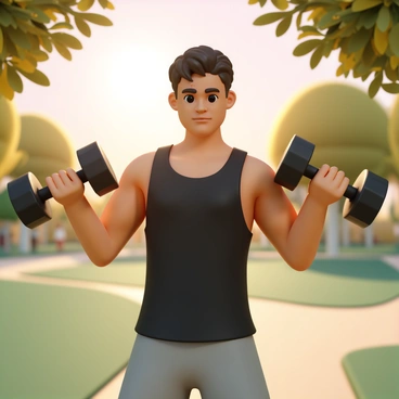 An athlete, wearing a black tank top and grey shorts, is performing dumbbell hammer curls in a scenic park. The athlete has a focused expression, with sweat glistening on their forehead as they lift the dumbbells, arms flexed. The park features lush green grass and vibrant trees surrounding the area. In the background, the sky is painted with warm colors of orange and pink, indicating the sunrise, while soft rays of sunlight filter through the leaves, creating a beautiful play of light and shadow on the ground.