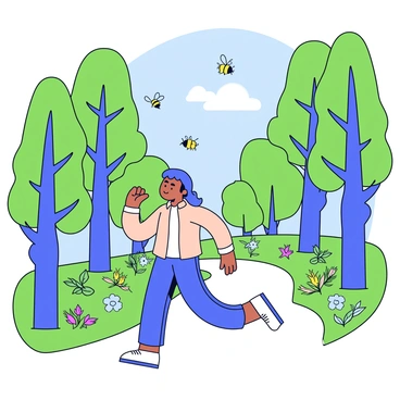 A person named "Davies" is walking along a winding path in a green forest filled with tall trees. Sunlight filters through the leaves, creating dappled light on the ground. "Bees" are buzzing overhead, their small, round bodies distinct against the blue sky. The path is lined with various plants and wildflowers, adding pops of color to the scene. "Davies" wears a light jacket and comfortable shoes, enjoying the tranquility of the surrounding nature.
