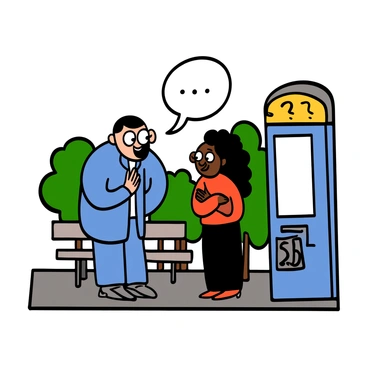 A light-skinned man with big eyes and short dark hair is standing at a bus stop, animatedly talking with a dark-skinned woman with big eyes and long curly hair. The man is wearing a blue jacket and jeans, leaning slightly forward with an enthusiastic expression. The woman is wearing a red sweater and black pants, crossing her arms with a curious smile, showing engagement in the conversation. The bus stop has a clear sign and a bench, with a few trees in the background, creating a lively atmosphere.