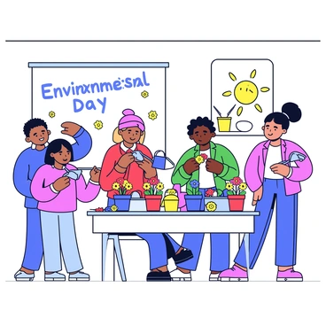 A classroom filled with natural light, featuring several students of diverse backgrounds engaged in planting flowers. Each student is carefully placing colorful flower seeds into small pots. Some pots have bright yellow and red flowers, while others are filled with blue and purple seeds. The students are working together, sharing tools like small shovels and watering cans. There are gardening gloves scattered on the tables, and a large poster on the wall reads "Environmental Day" with hand-drawn flowers and a sun.
