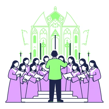 A group of choir members is singing together inside a grand cathedral. The choir is arranged in a semi-circle, with members dressed in long robes. Their expressions are focused and harmonious as they gaze towards a conductor standing in front of them. The choir holds sheet music in their hands. Behind them, the high arched windows of the cathedral allow soft light to filter through, illuminating the ornate stone walls and decorative elements. Several tall candles are placed along the altar, contributing to the solemn atmosphere of the space. Above, a high ceiling showcases intricate woodwork and a large chandelier.