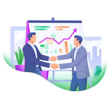 A modern pastel illustration depicting two business partners, one wearing a navy suit and the other in a gray blazer, shaking hands. They stand in front of a large board displaying a colorful chart illustrating successful project completion, with upward trends and various data points. The background includes office elements like a potted plant and a window showing a cityscape.