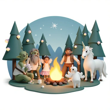 A group of magical creatures is gathered around a campfire in a forest clearing. There are four distinct creatures: a tall, green-skinned troll with a long beard, wearing a tunic made of leaves; a petite fairy with shimmering wings, dressed in a flowy dress made of flower petals; a stout dwarf with a bushy mustache, clad in a leather vest and holding a tankard; and a graceful unicorn with a shiny, spiraled horn, standing nearby. The campfire emits a warm glow, illuminating their faces as they share stories and laugh. In the background, tall trees with glowing mushrooms create a mystical atmosphere, while a clear starry sky is visible above.
