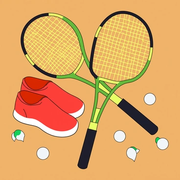 A colorful arrangement of badminton equipment on a wooden floor. There are two sleek rackets with black frames and bright yellow strings, positioned crossed in the center. Next to the rackets, a pair of bright red badminton shoes with white soles sits neatly. Scattered around the shoes are several white shuttlecocks, each with a bright green tip. The equipment creates a playful and dynamic composition, emphasizing the energetic nature of the sport.